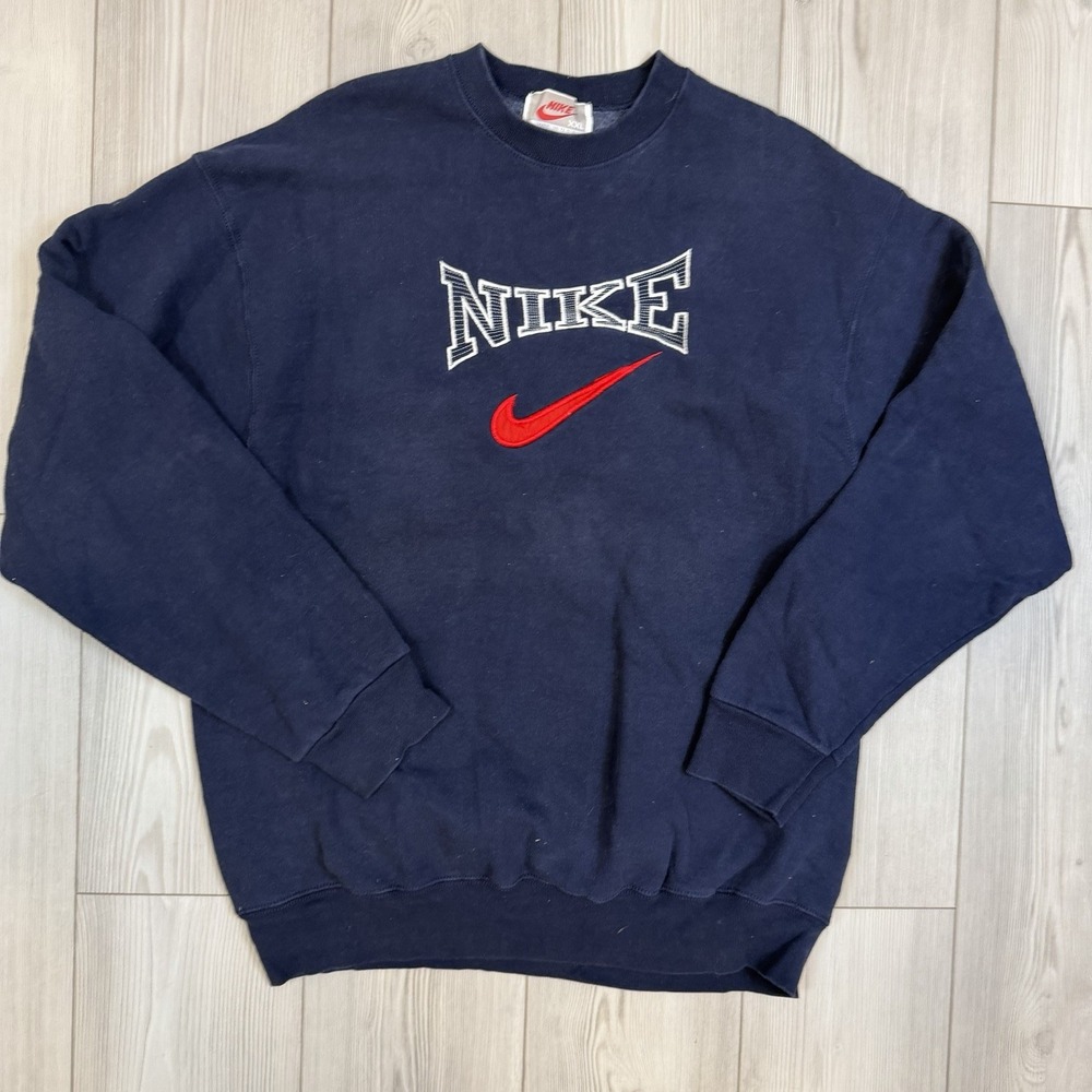 Vintage Nike Mens XXL Big Swoosh Embroidered Spell Out Pullover Sweatshirt Navy - Picture 3 of 10